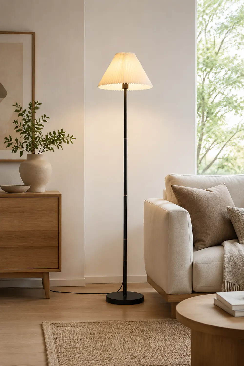 Ozawa Modern Pleated Metal Fabric Floor Lamp, White/Green/Apricot - Lumpaz