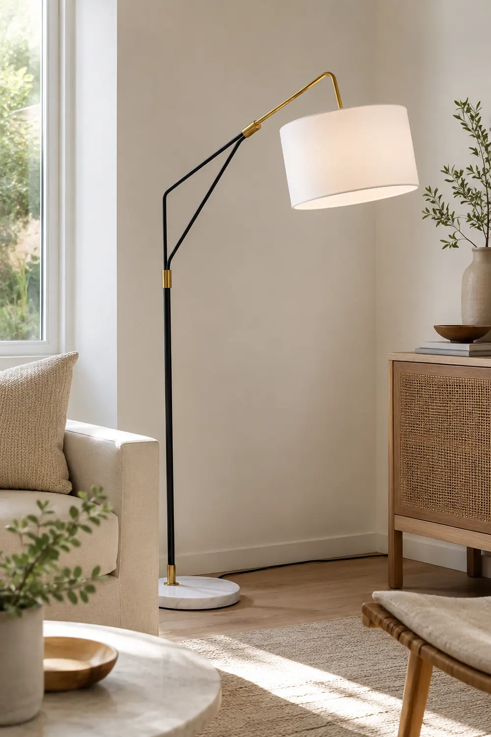 Eryn Floor Lamp Round Basic Nordic/Modern, Fabric, White, Bedroom - Lumpaz