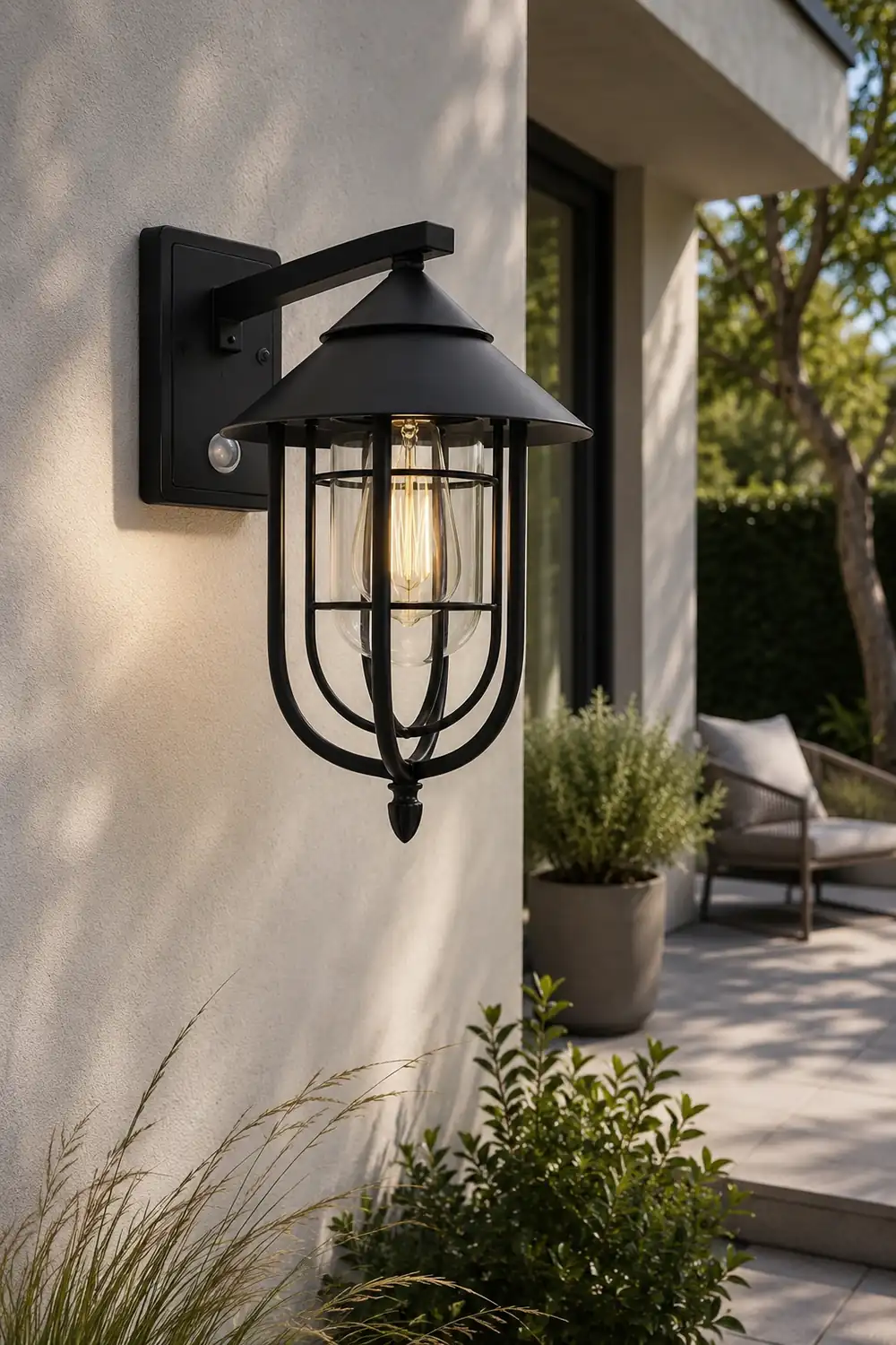 Waterproof Retro Iron Glass Motion Sensor Black Modern Outdoor Wall Lights - Lumpaz