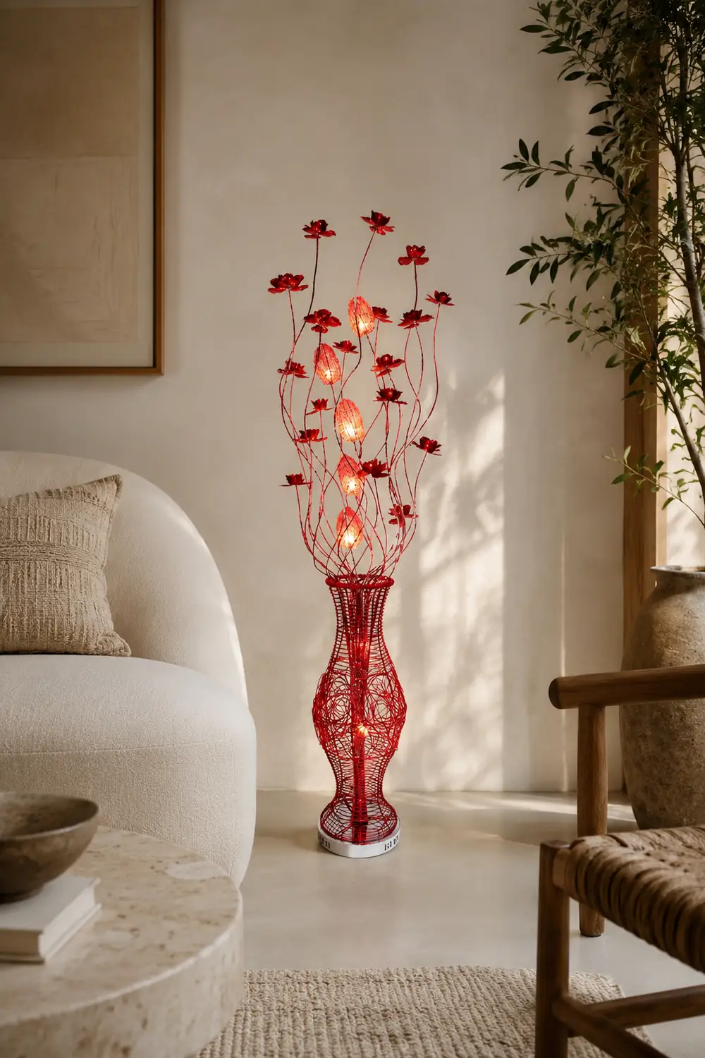 Bella Art Deco Flower Vase Metal Red Floor Lamp, Living Room - Lumpaz
