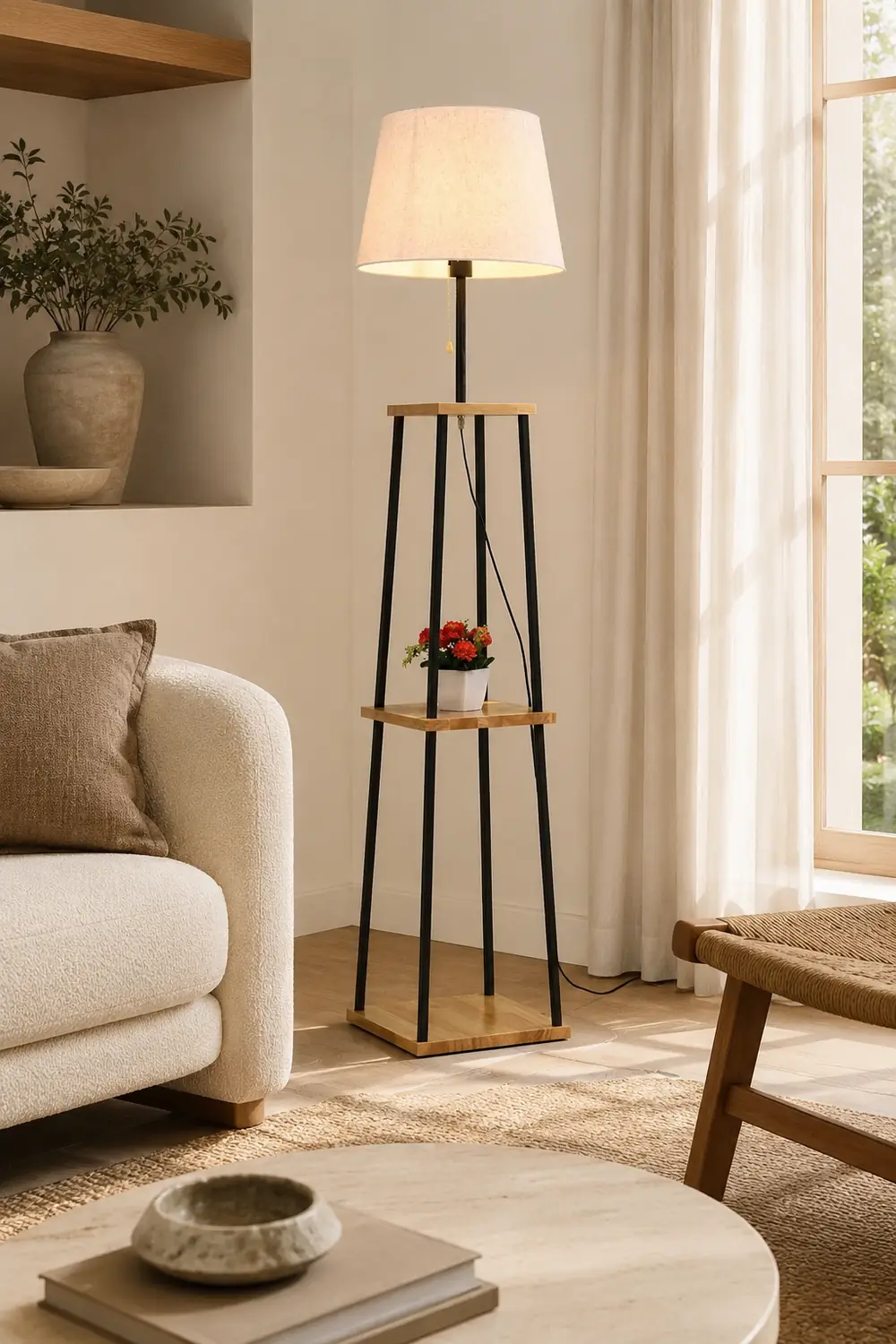 Eryn Modern Cone Metal Fabric Floor Lamp /w Shelf ,Black - Lumpaz