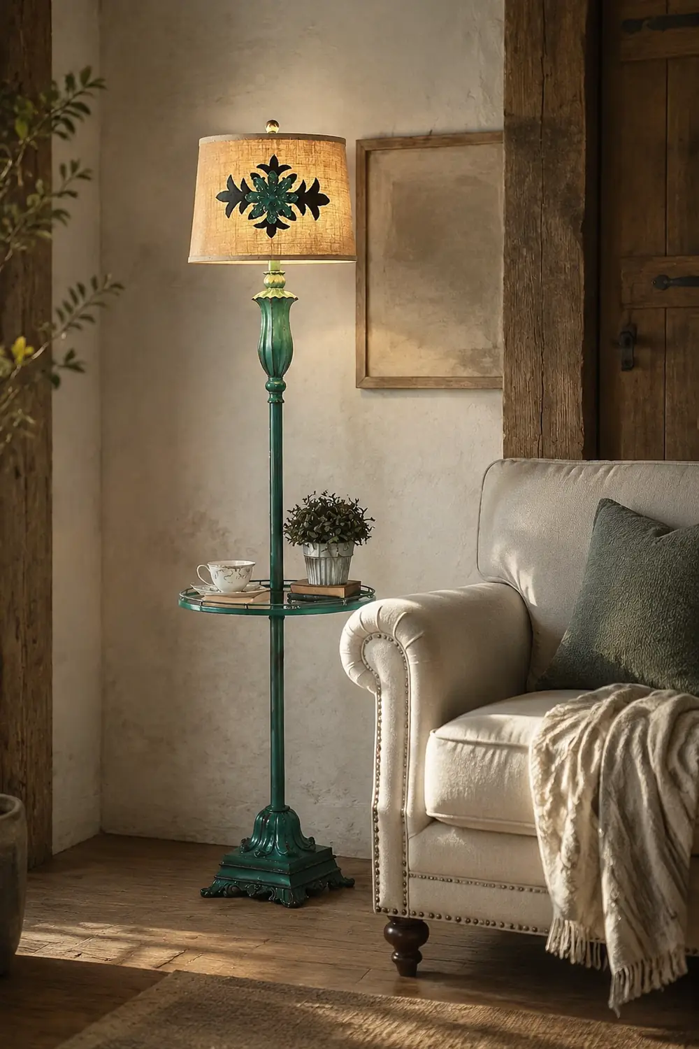 Eryn Floor Lamp Table Vintage, Metal/Resin, Green, Living Room - Lumpaz