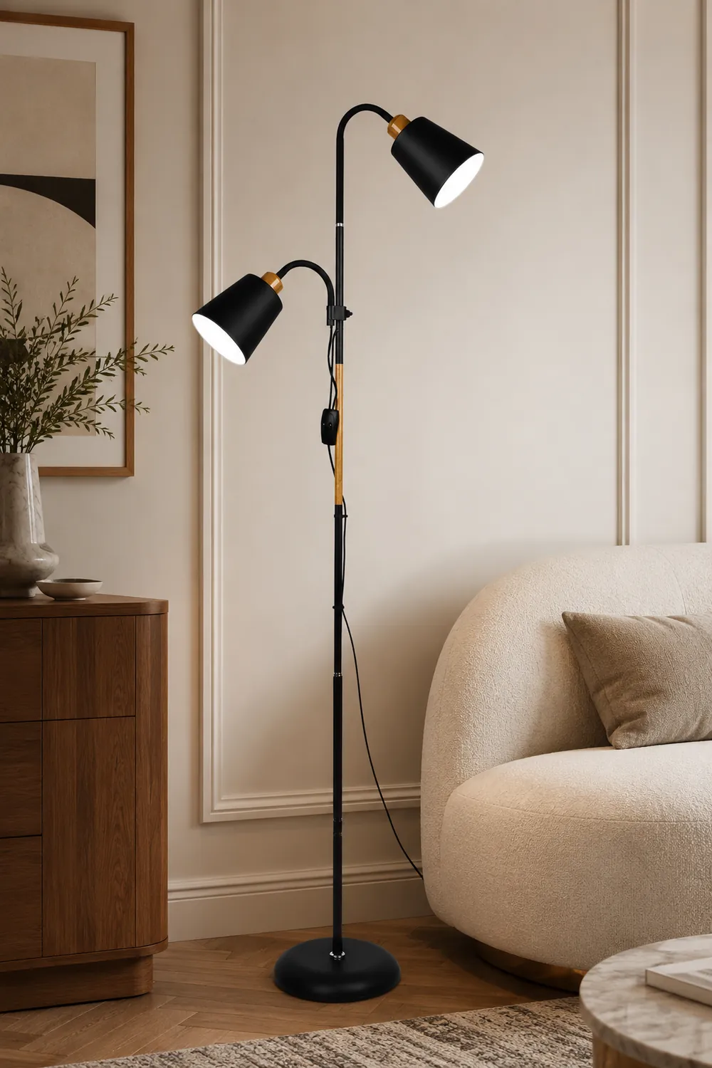 Eryn Floor Lamp Double Head Modern, Metal,Black/White, Bedroom - Lumpaz