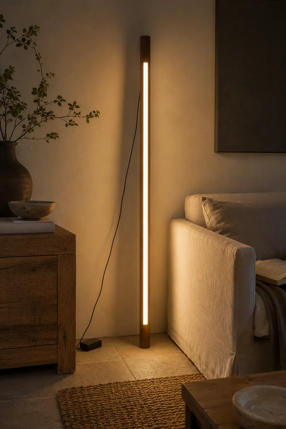 Ozawa Minimalist Linear Floor Lamp, Wood/Acrylic, Living Room - Lumpaz