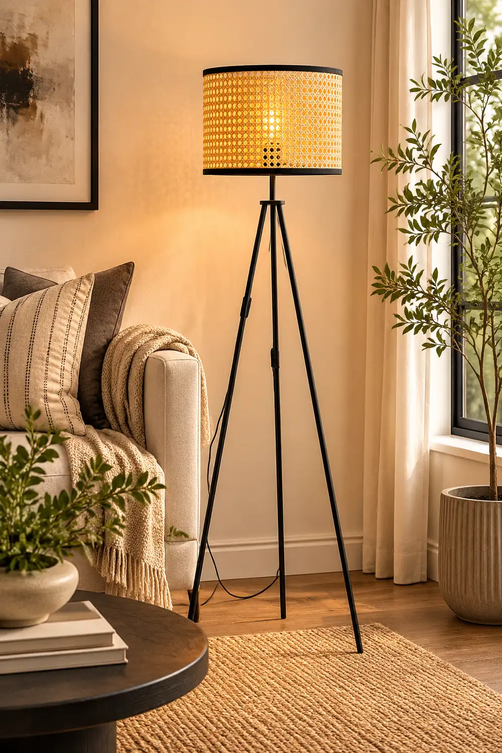 Ritta Natural Tripod Floor Lamp, Rattan/Willow Weave - Lumpaz
