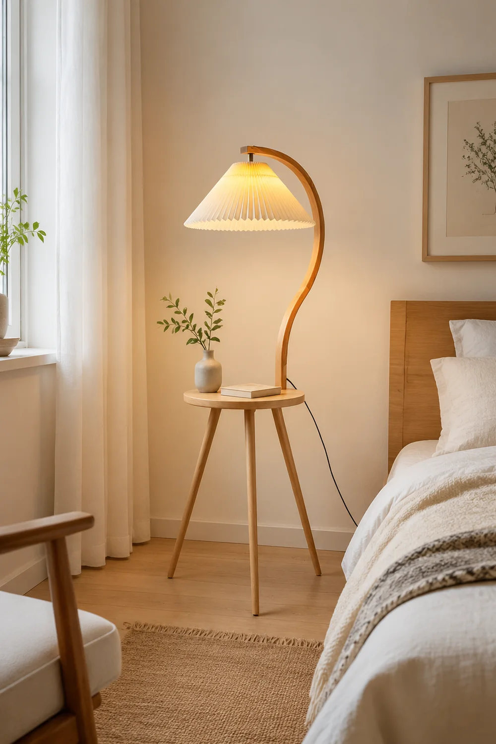 Ozawa Modern Pleated Wood Fabric Bedside Table Floor Lamp - Lumpaz