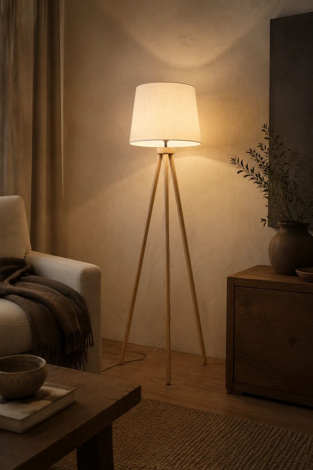 Muto Modern Cylinder Wood Fabric Floor Lamp, White/Beige - Lumpaz