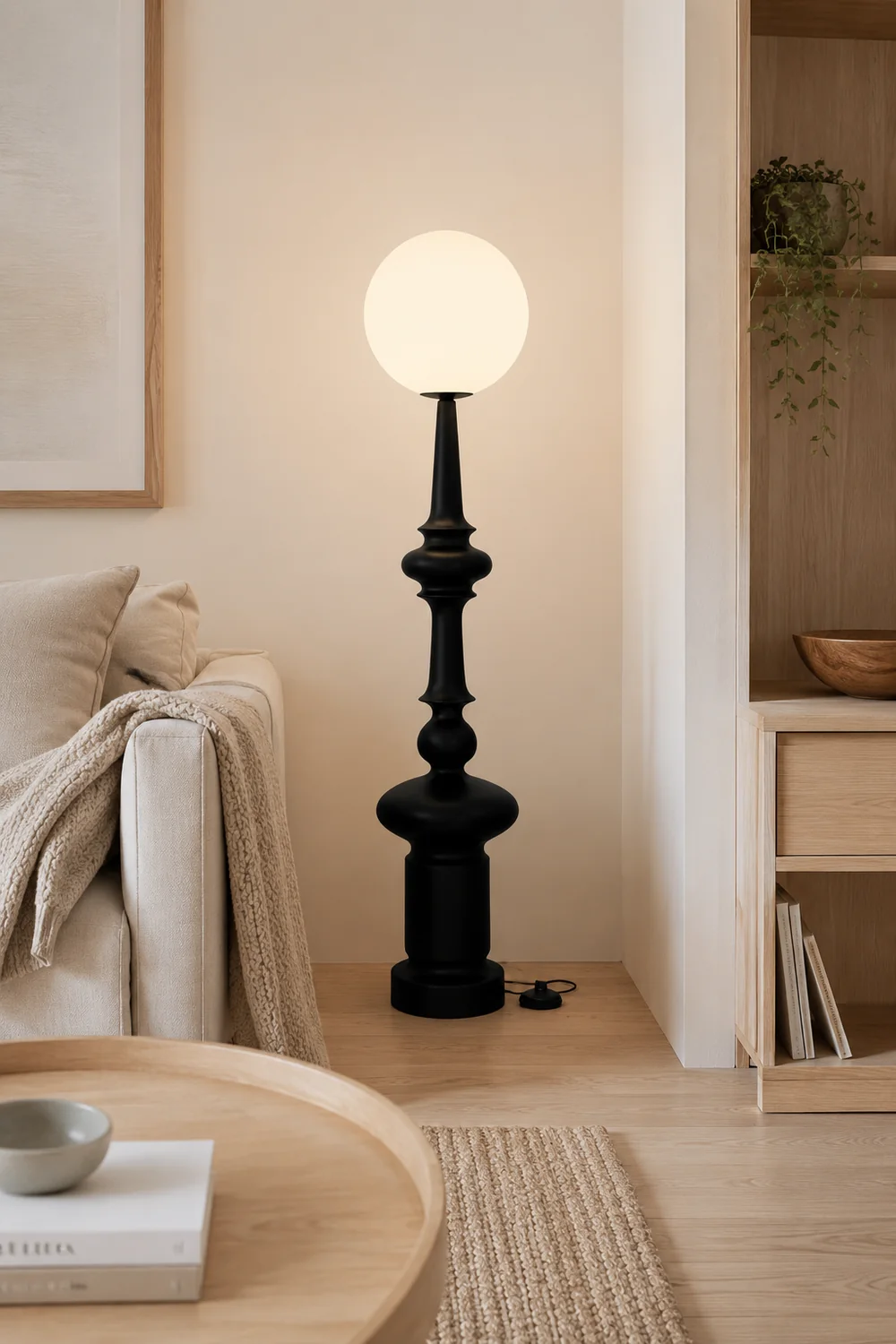 Salgado Retro Column Glass/Resin Floor Lamp, Black, Bedroom - Lumpaz