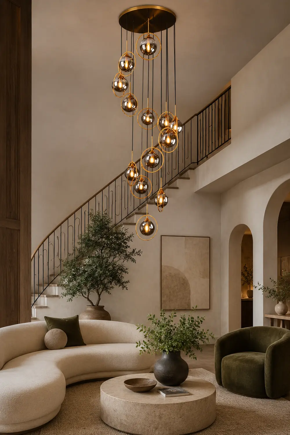 Hailie Modern Spiral Ball Glass Staircase Chandelier, Clear/Amber/Smoke Gray - Lumpaz