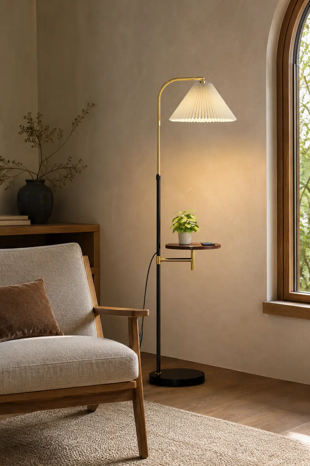 Ozawa Pleated Metal Floor Lamp With Shelves,Gold-Black/Gold - Lumpaz