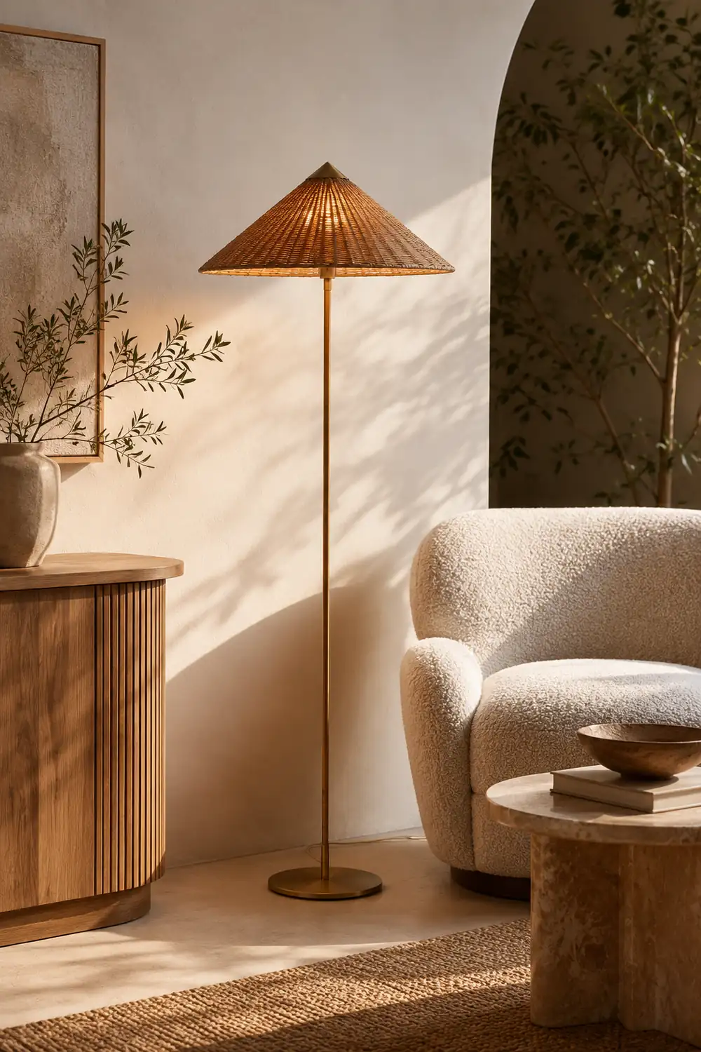 Muto Modern Metal Fabric Rattan Floor Lamp - Lumpaz