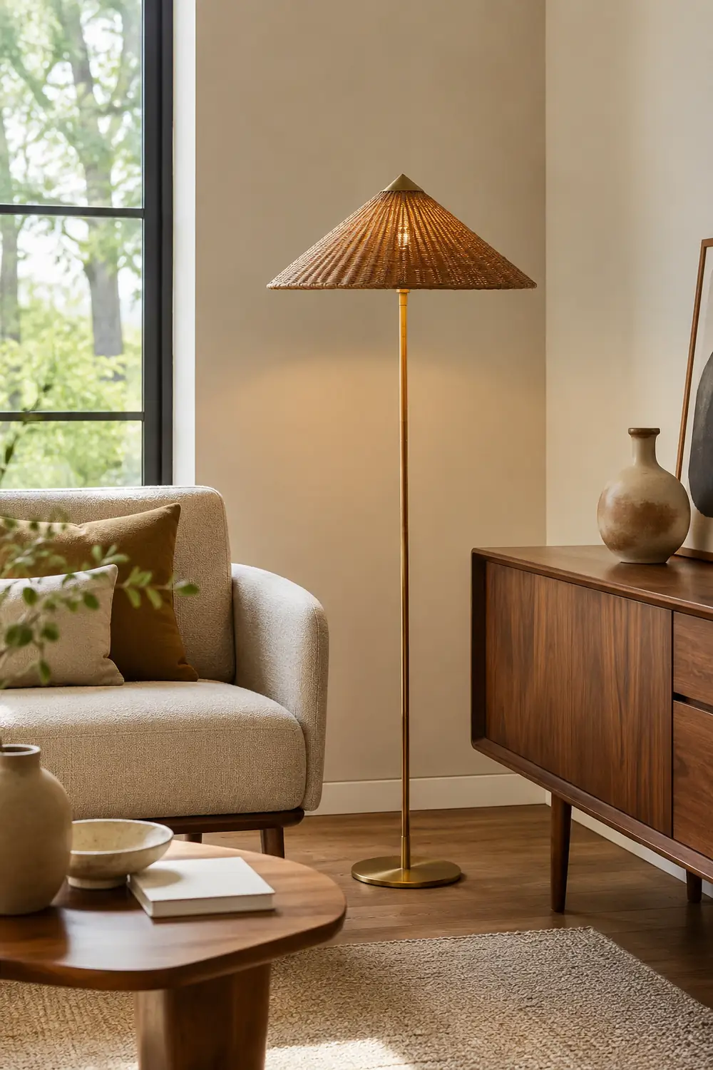 Muto Modern Metal Fabric Rattan Floor Lamp - Lumpaz