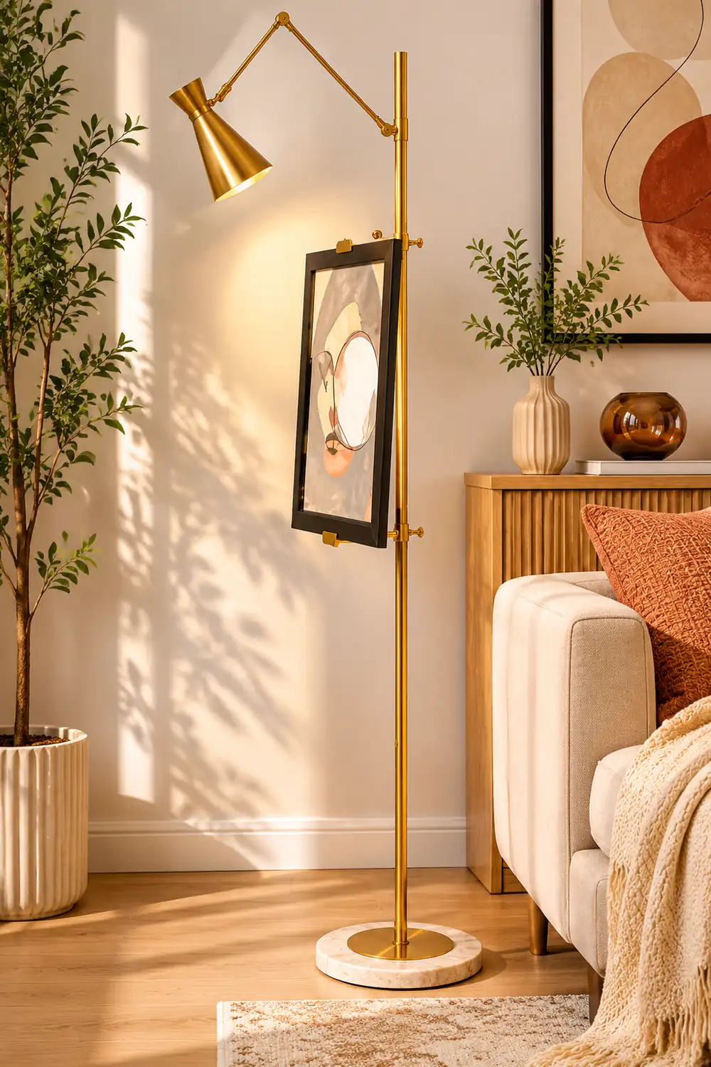 Carins Modern Art-deco Metal Easel Adjustable Floor Lamp, Brass - Lumpaz