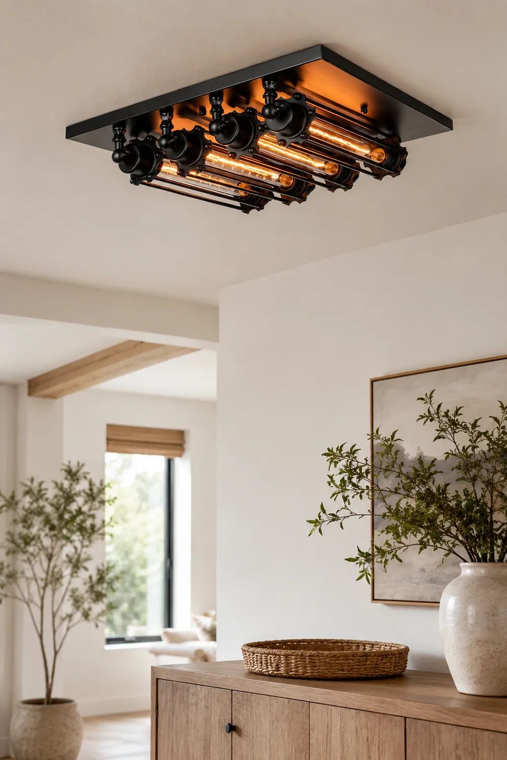 Alessio Vintage Tubed Metal Flush Mount Ceiling Light Black Living Room - Lumpaz