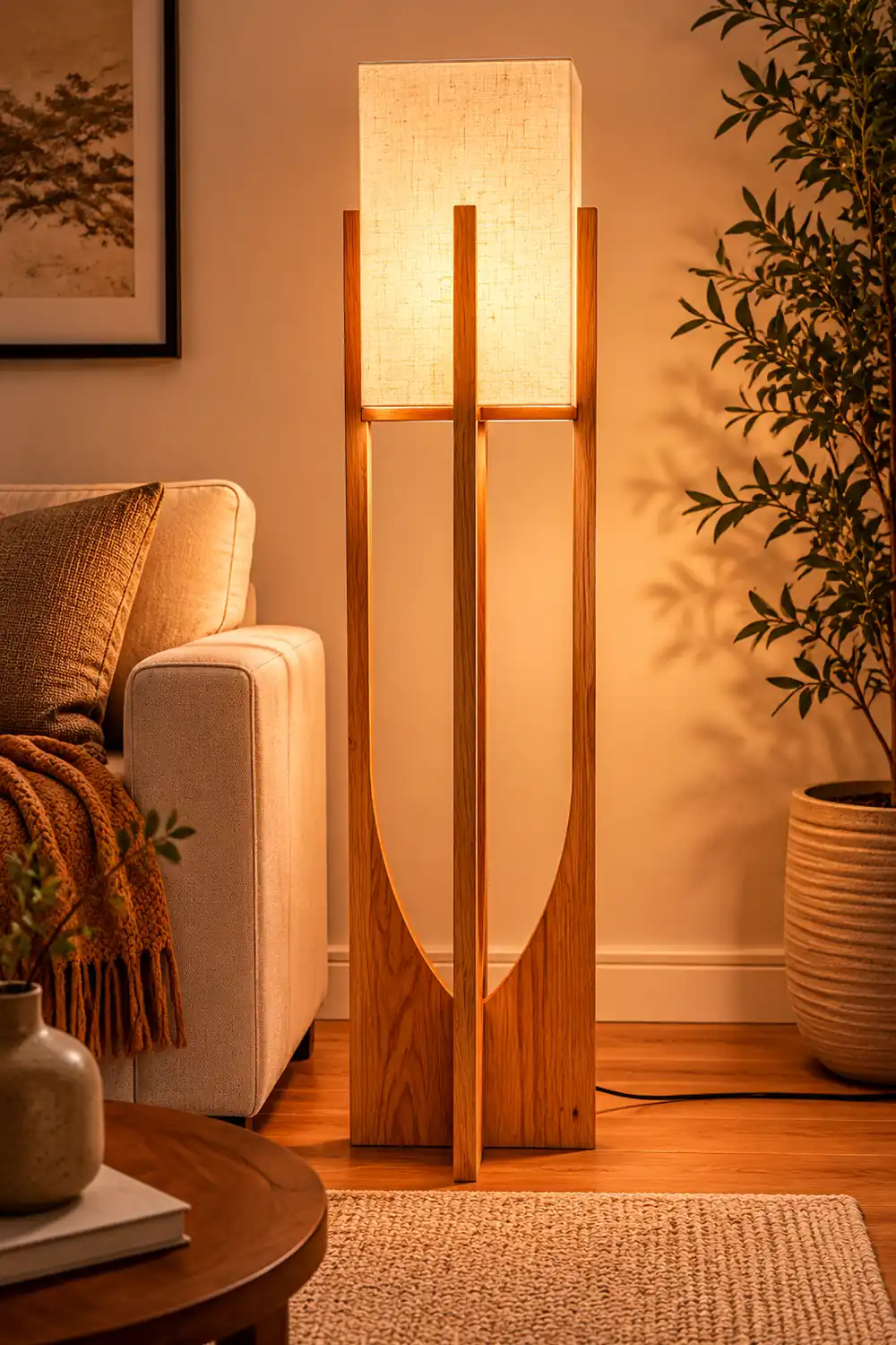Ozawa Natural Rectangular Wood/Fabric Floor Lamp - Lumpaz