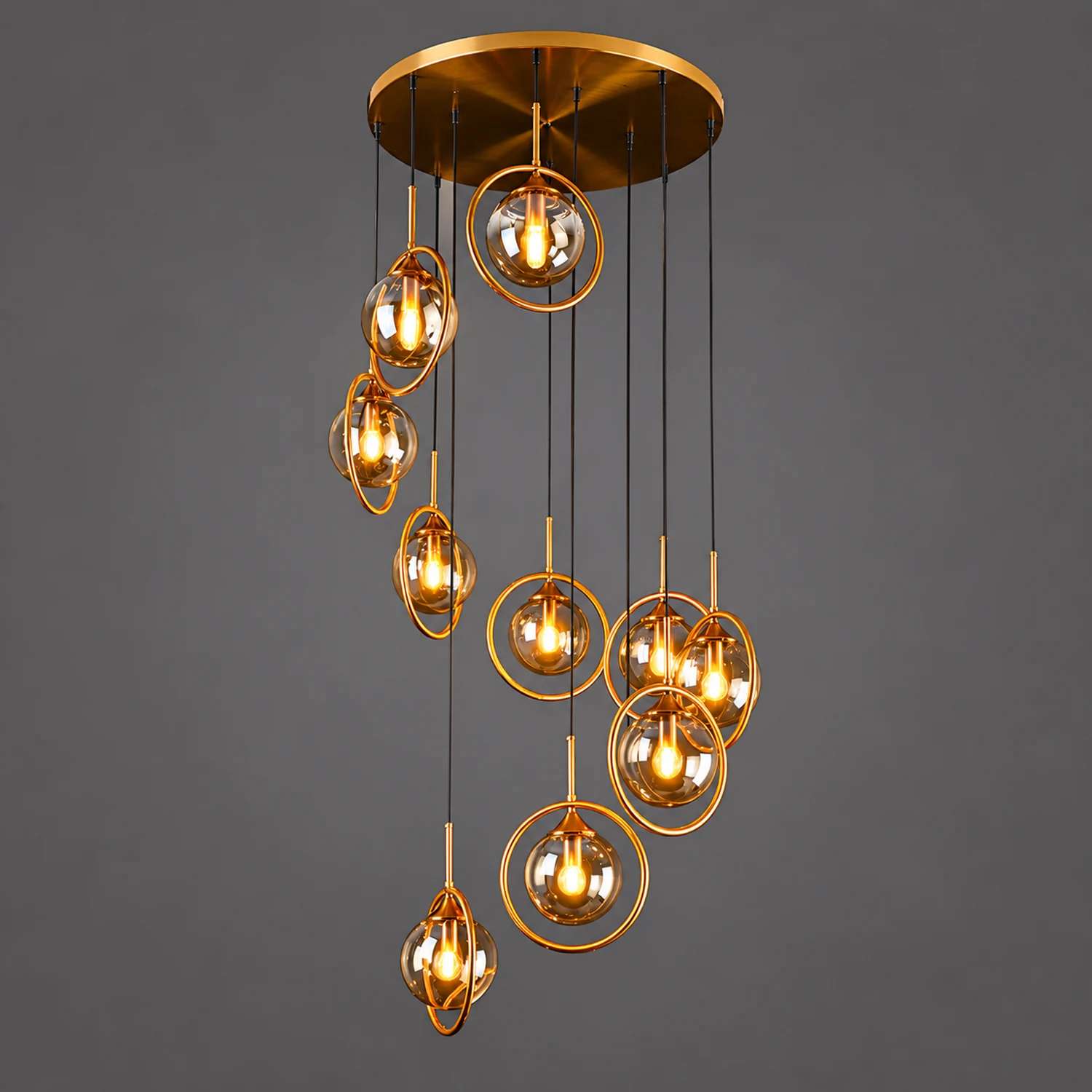 Hailie Modern Spiral Ball Glass Staircase Chandelier, Clear/Amber/Smoke Gray - Lumpaz
