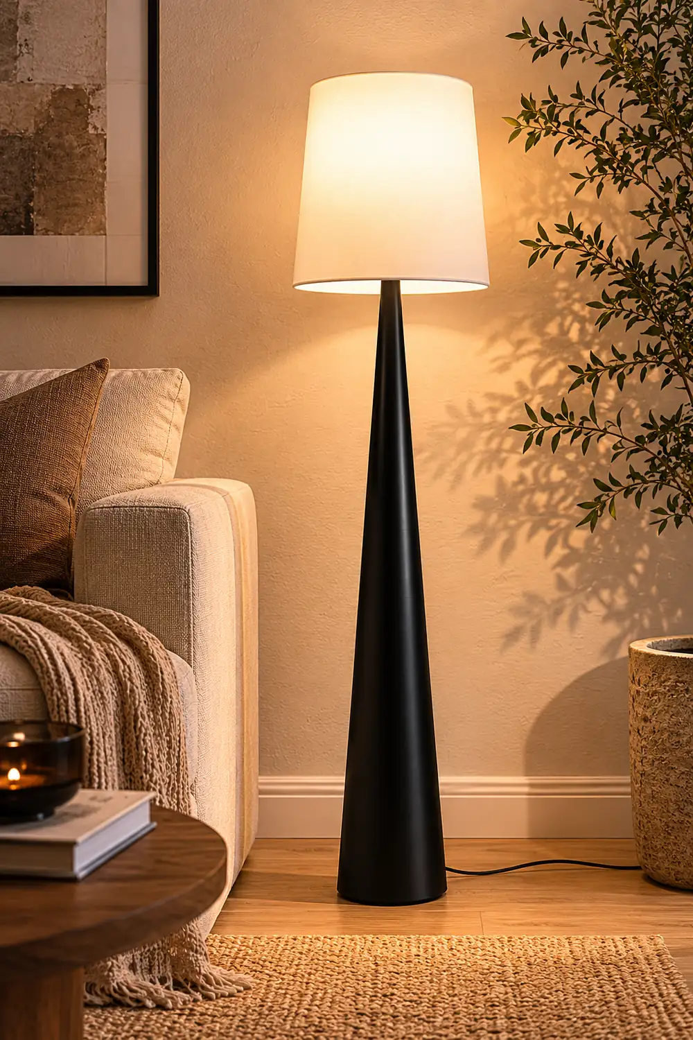 Eryn Floor Lamp Cone Shaped Nordic, Fabric Art, White, Living Room - Lumpaz