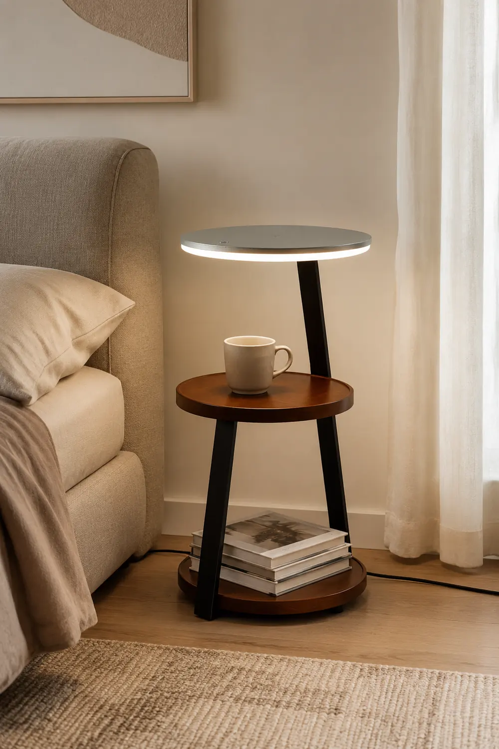 Ozawa Natural Round Wood Floor Lamp With Table Bedroom - Lumpaz