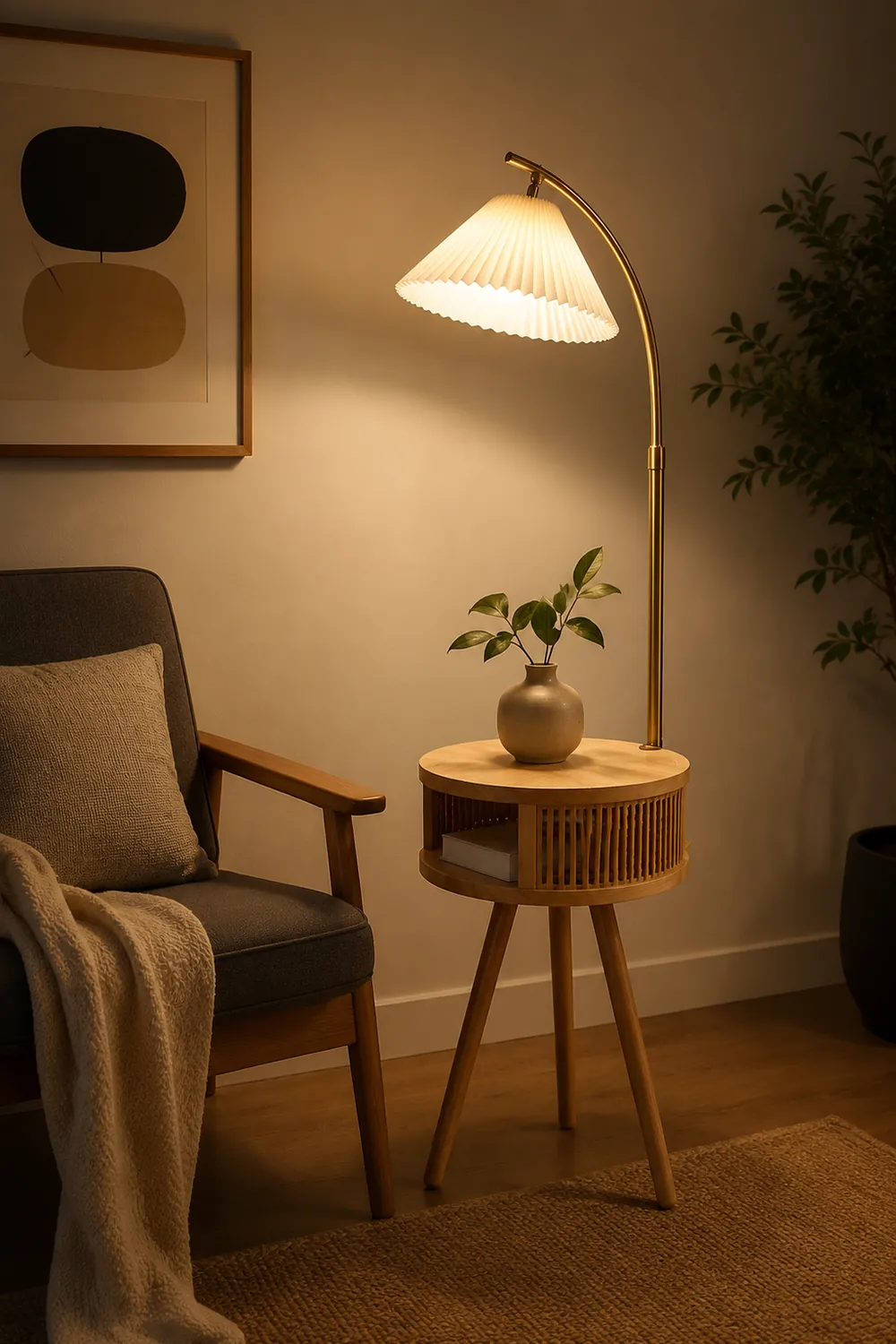 Ozawa Retro Pleated Metal & Wood Floor Lamp /w Bedside Table - Lumpaz