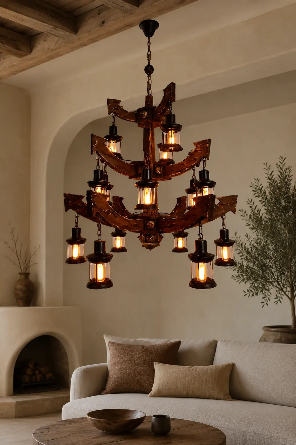 Austin Retro 14 Lantern Wood/Metal Chandelier Living Room/Bedroom - Lumpaz