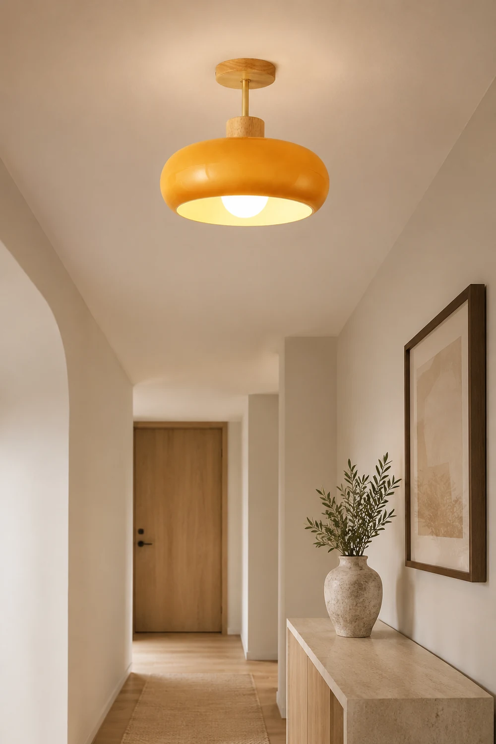 Hailie Flush Mount Ceiling Light Cup Minimalist Wood/Glass White/Orange - Lumpaz