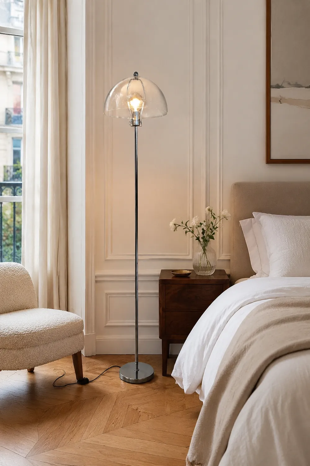 Levy Floor Lamp Round Tree Retro, Glass LED, Transparent, Living Room - Lumpaz