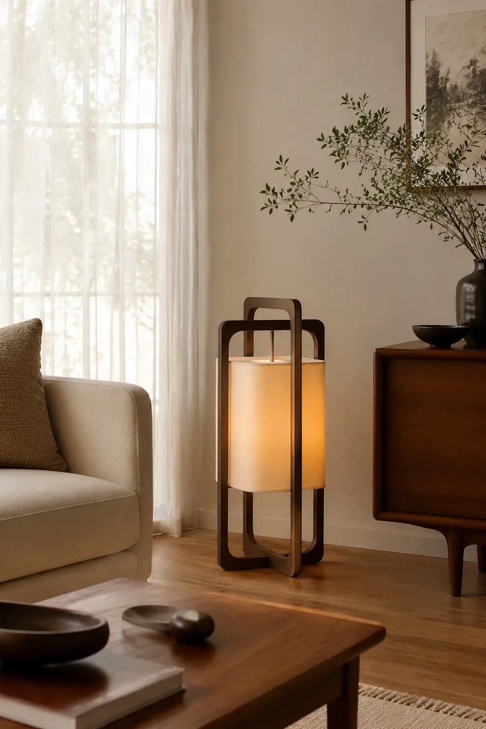Ozawa Retro Rectangular Wood Fabric Floor Lamp - Lumpaz