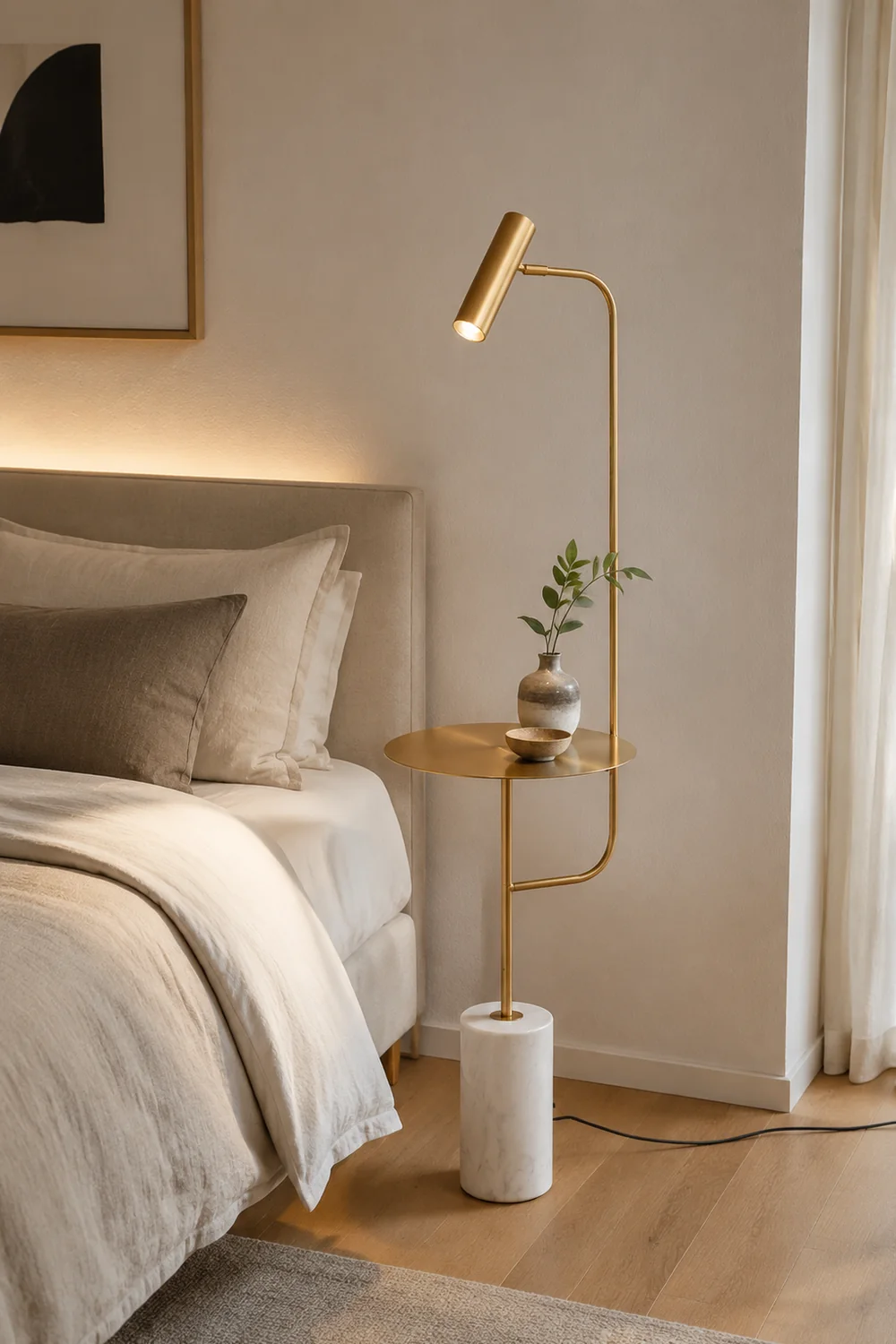 Salgado Minimalist Metal Floor Lamp With Table, Black/Gold - Lumpaz