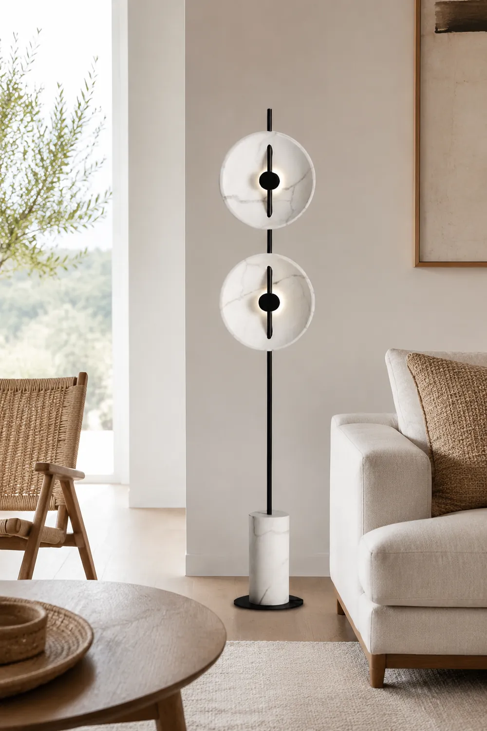 Salgado Modern Nordic Round Marble/Metal  Floor Lamp, White - Lumpaz
