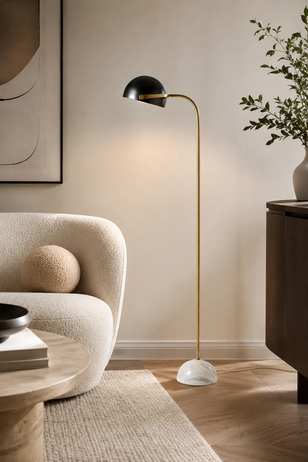 Eryn Floor Lamp Semi Circular Retro/Minimalist, Metal/Marble, Black, Bedroom - Lumpaz