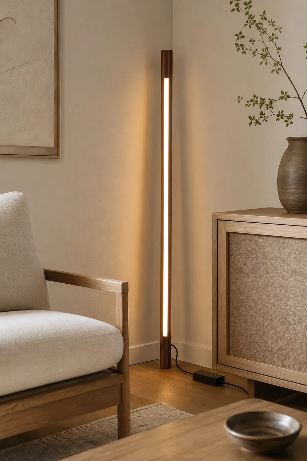 Ozawa Minimalist Linear Floor Lamp, Wood/Acrylic, Living Room - Lumpaz