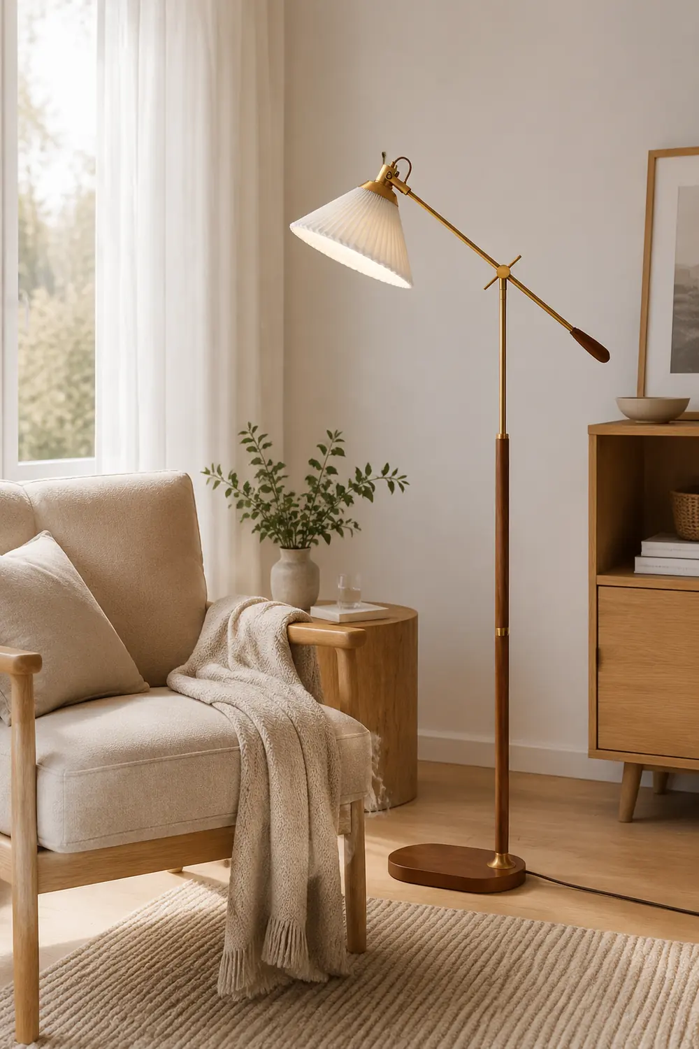 Ozawa Floor Lamp Pleated Retro, Metal/Wood, Living Room - Lumpaz