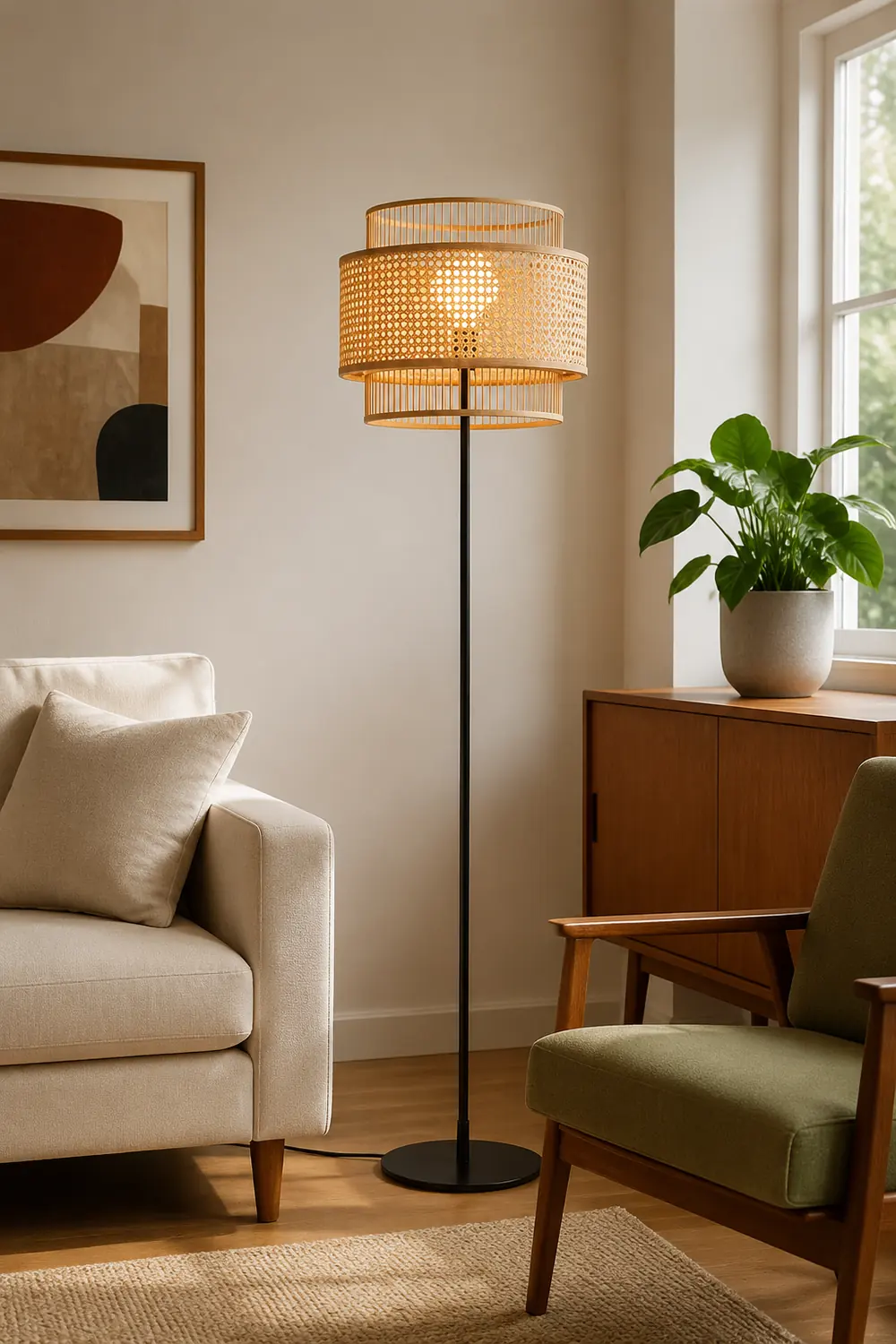 Ritta Zen Rattan/Willow Weave Tri-Layer Floor Lamp, Wood - Lumpaz