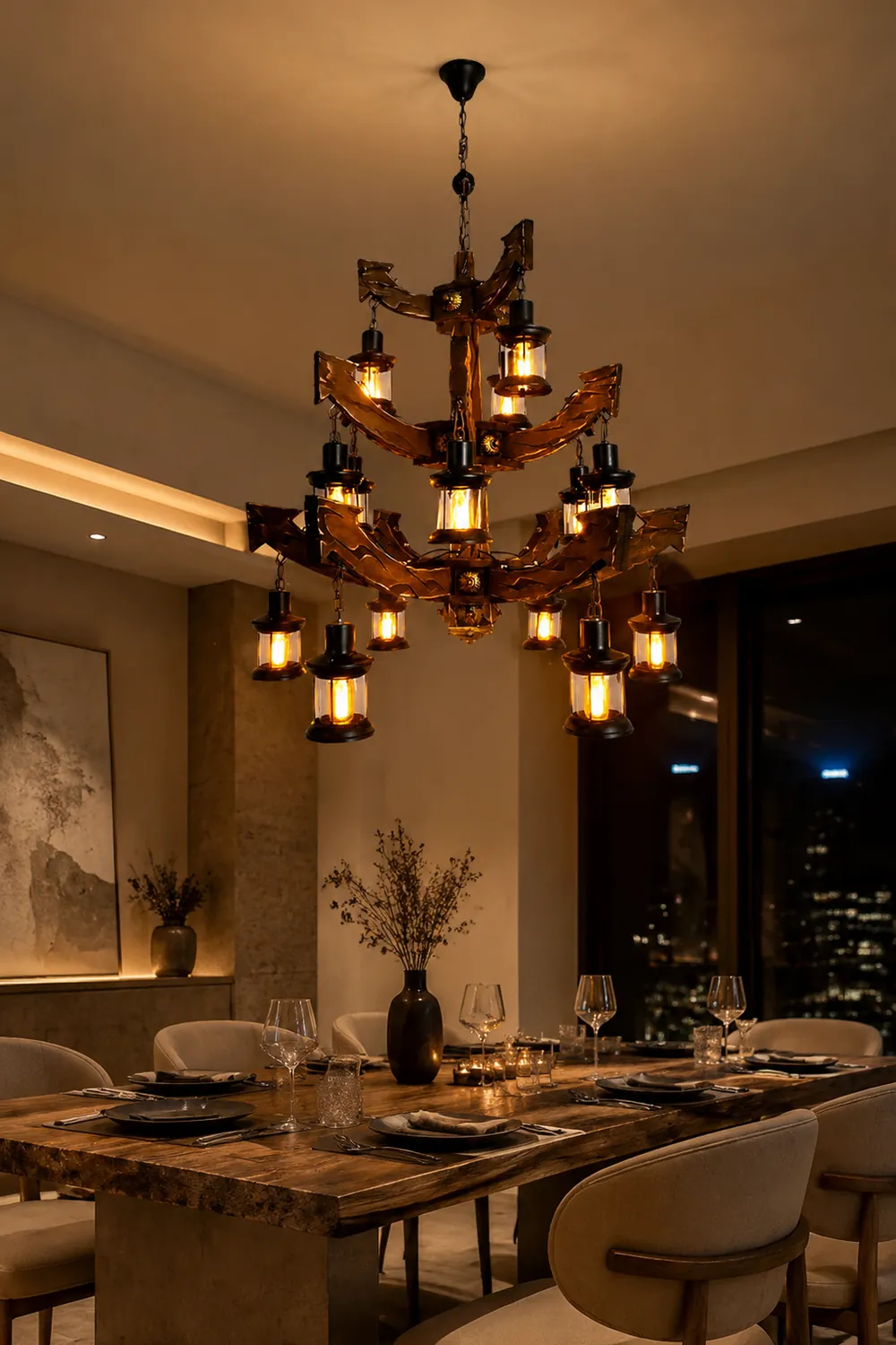 Austin Retro 14 Lantern Wood/Metal Chandelier Living Room/Bedroom - Lumpaz
