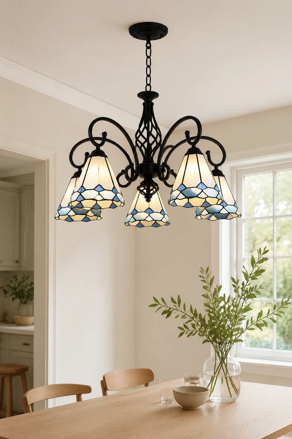 Silva Tiffany Mediterranean Branch Metal Chandelier, White/Blue/Navy Blue - Lumpaz