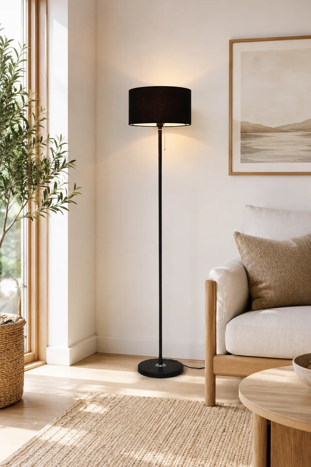 Eryn Floor Lamp Cylinder Modern, Metal/Fabric, Black/White/Gold, Bedroom - Lumpaz
