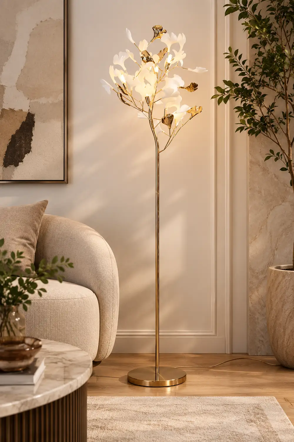 Ophelia Floor Lamp Leaf Artistic, Ceramic/Metal, White/Gold, Study - Lumpaz