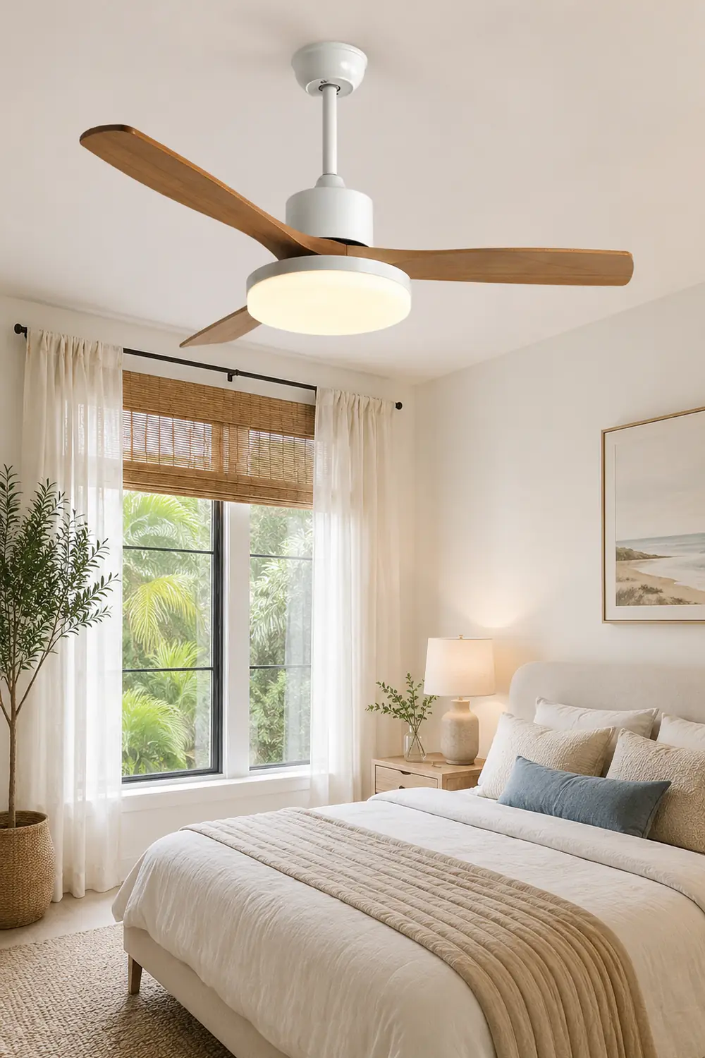 Haydn 3-Blade DC Ceiling Fan Light, Wood & White, Summer, 52'' - Lumpaz