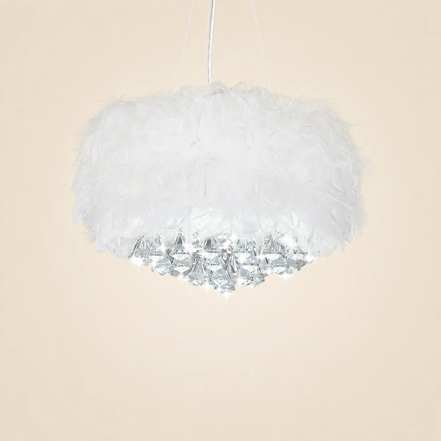 O'Moore Modern Luxury Round Chandelier, Feather/Crystal, White - Lumpaz