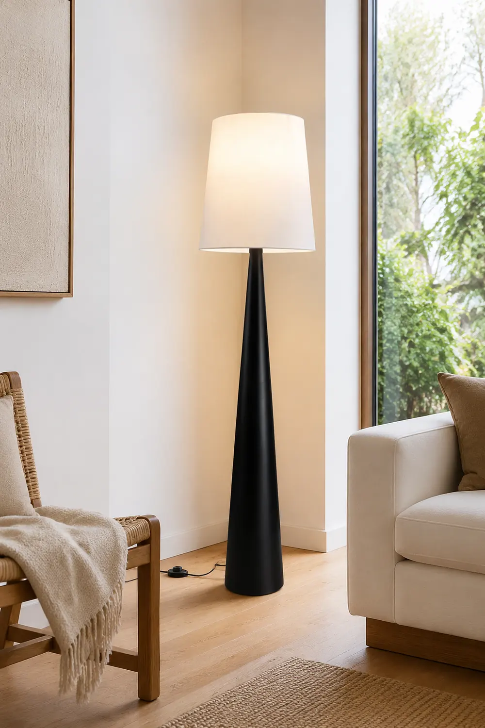 Eryn Floor Lamp Cone Shaped Nordic, Fabric Art, White, Living Room - Lumpaz