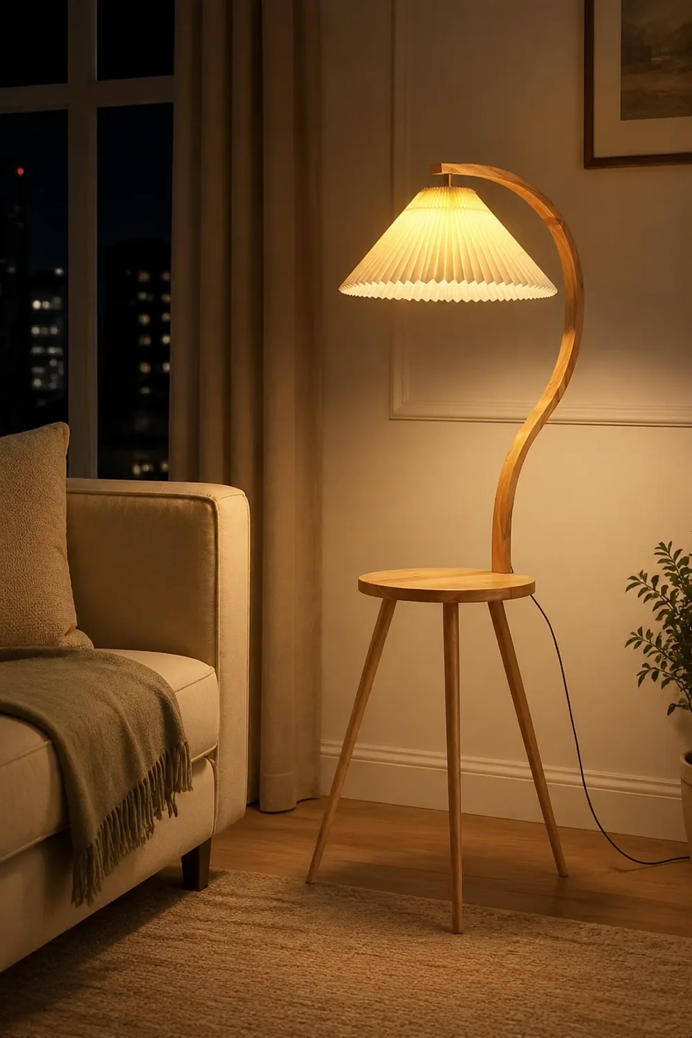 Ozawa Modern Pleated Wood Fabric Bedside Table Floor Lamp - Lumpaz