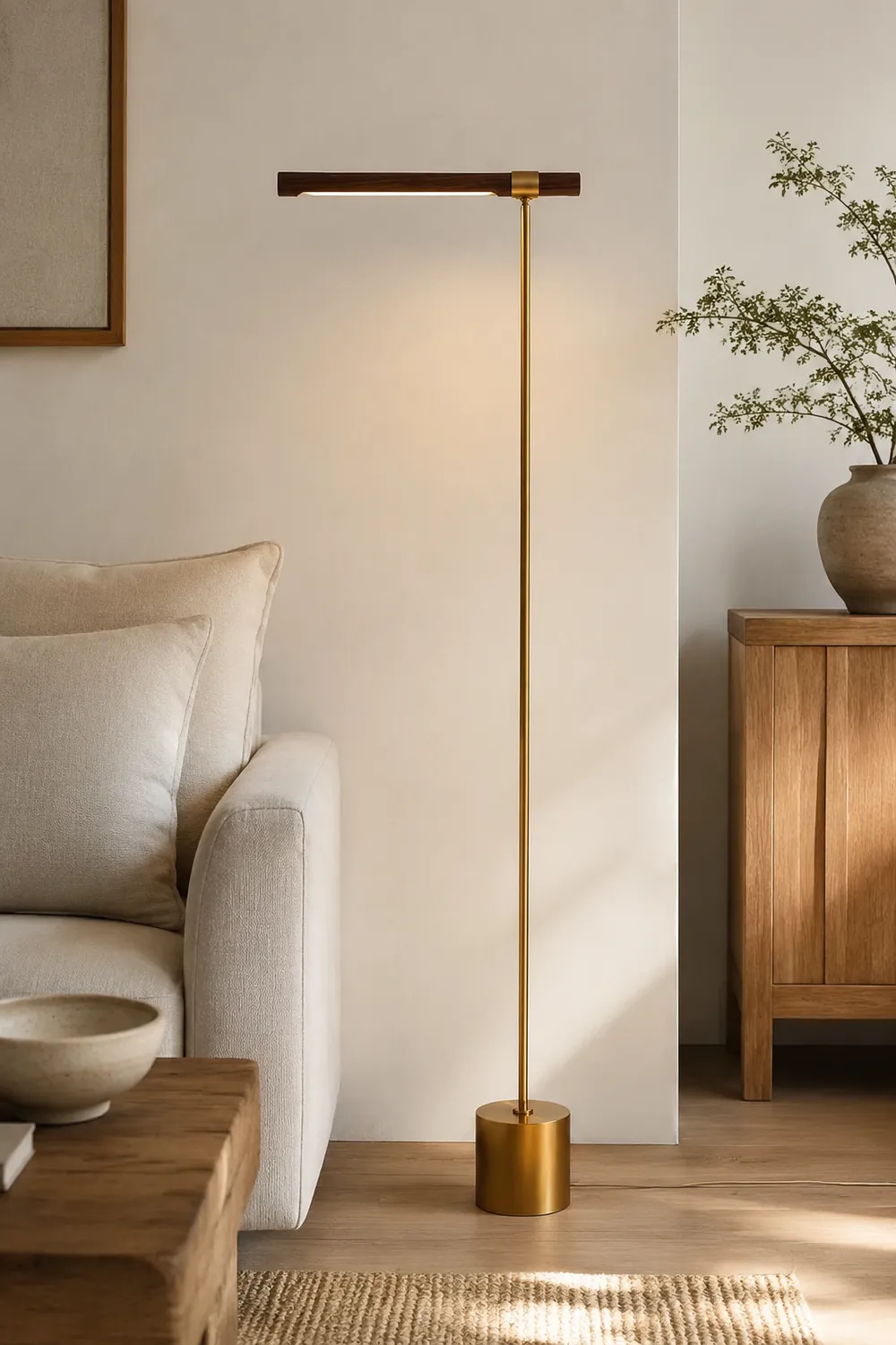 Edge Floor Lamp Linear Minimalist, Metal/Wood, Gold, Living Room - Lumpaz
