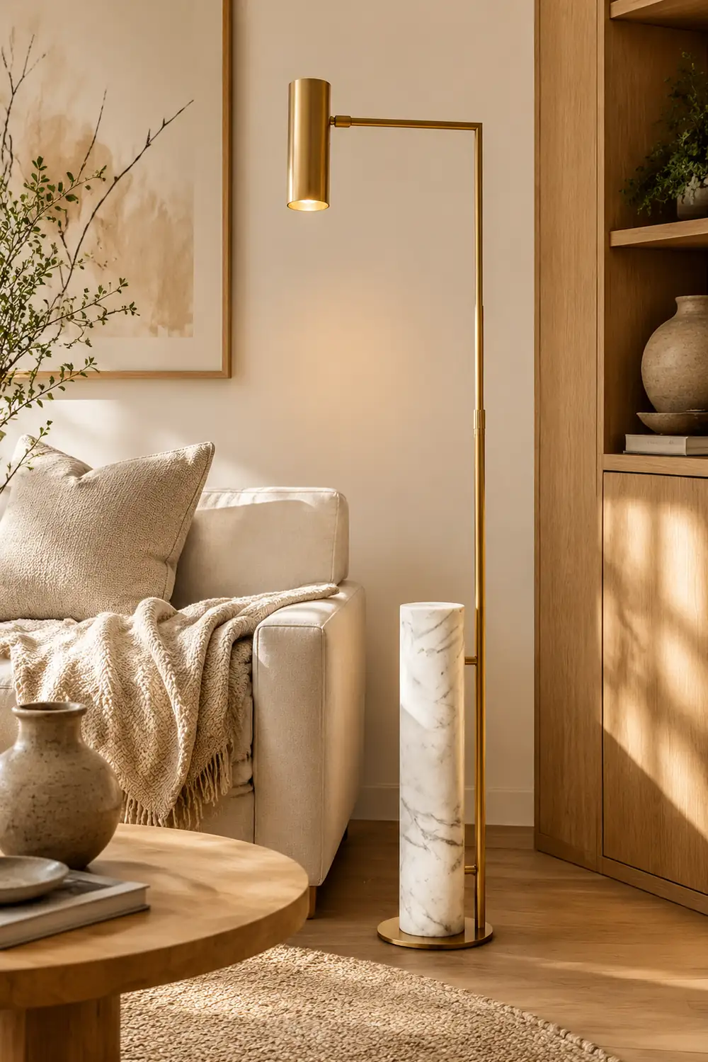 Salgado Minimalistic Gold Floor Lamp, Metal & Marble, Living room - Lumpaz