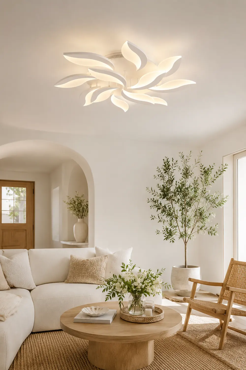 Hana Minimalist Art Deco Flower Flush Mount Ceiling Light, White, Living Room - Lumpaz