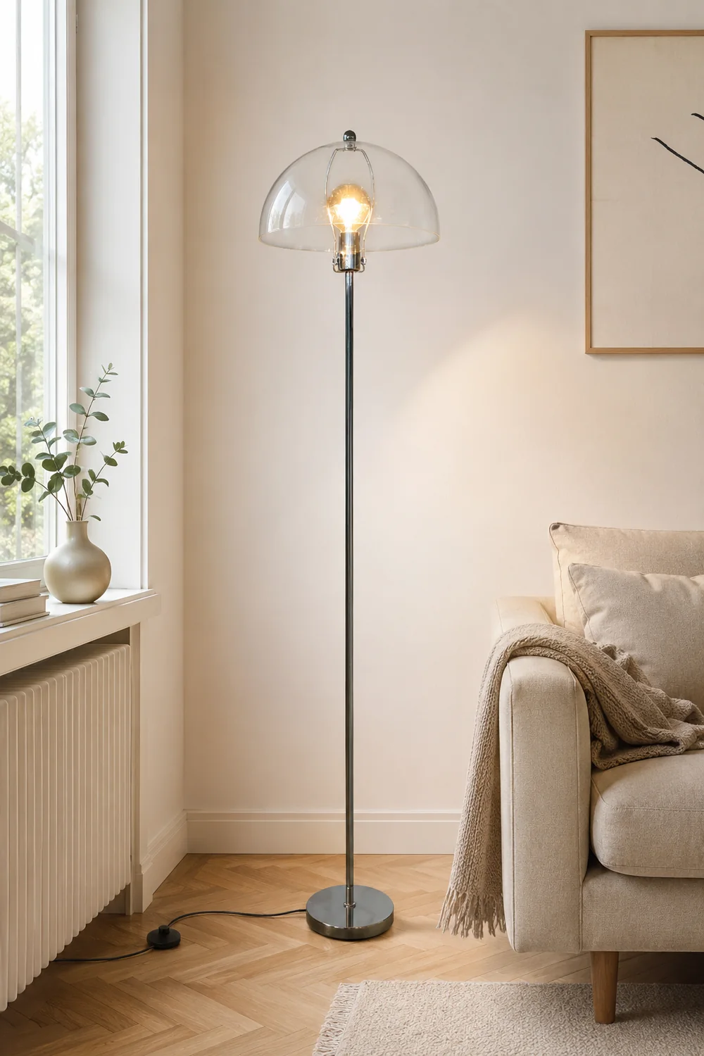 Levy Floor Lamp Round Tree Retro, Glass LED, Transparent, Living Room - Lumpaz