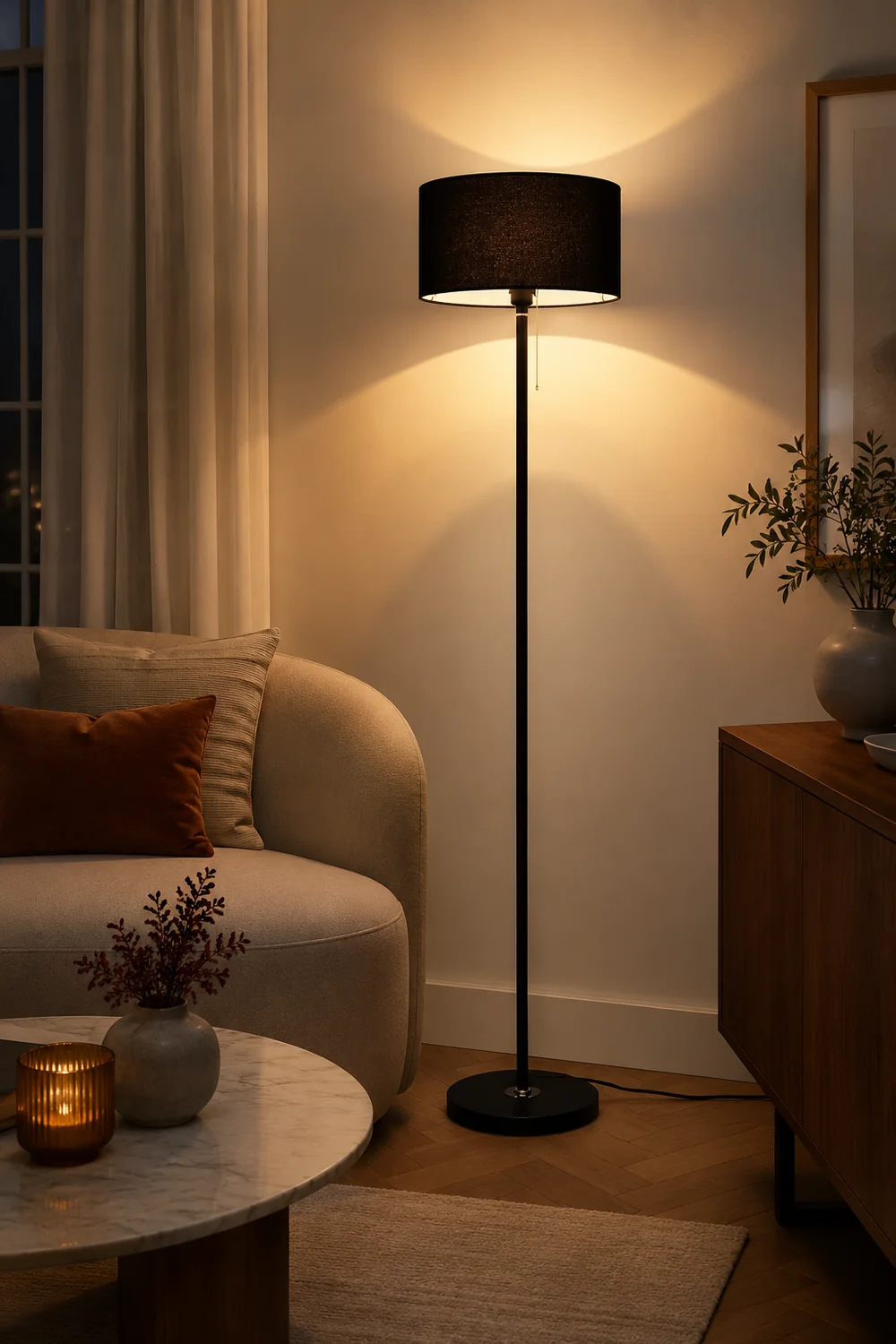 Eryn Floor Lamp Cylinder Modern, Metal/Fabric, Black/White/Gold, Bedroom - Lumpaz