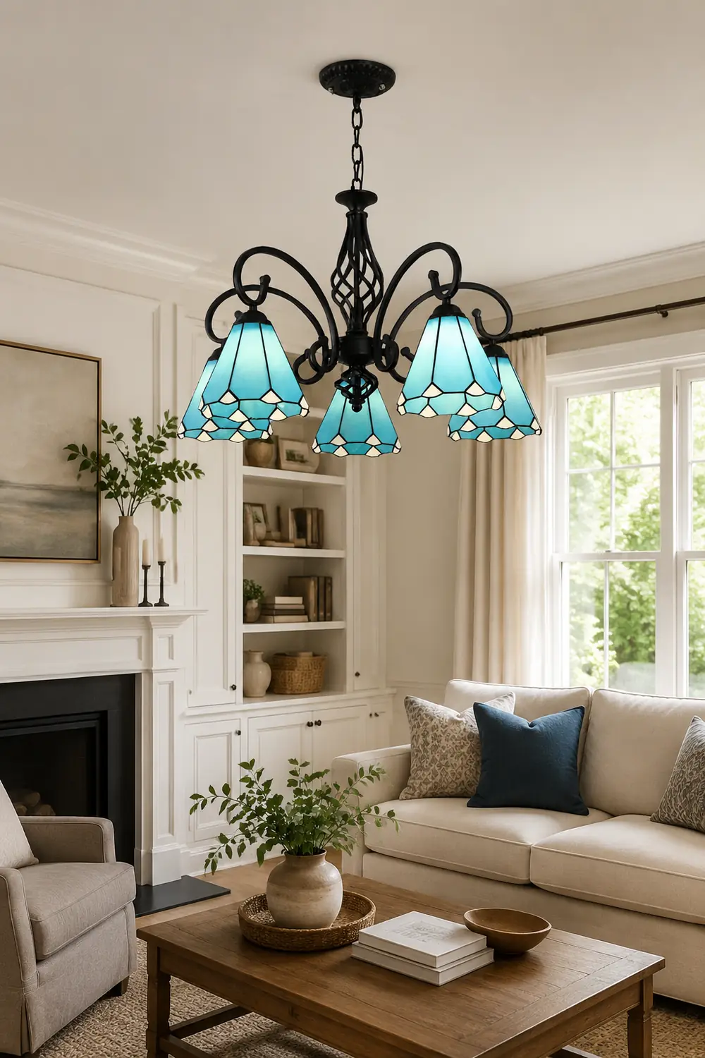 Silva Tiffany Mediterranean Branch Metal Chandelier, White/Blue/Navy Blue - Lumpaz