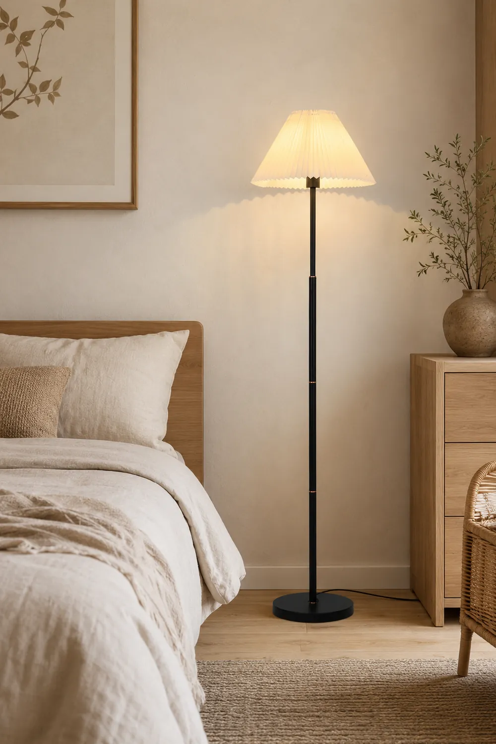 Ozawa Modern Pleated Metal Fabric Floor Lamp, White/Green/Apricot - Lumpaz