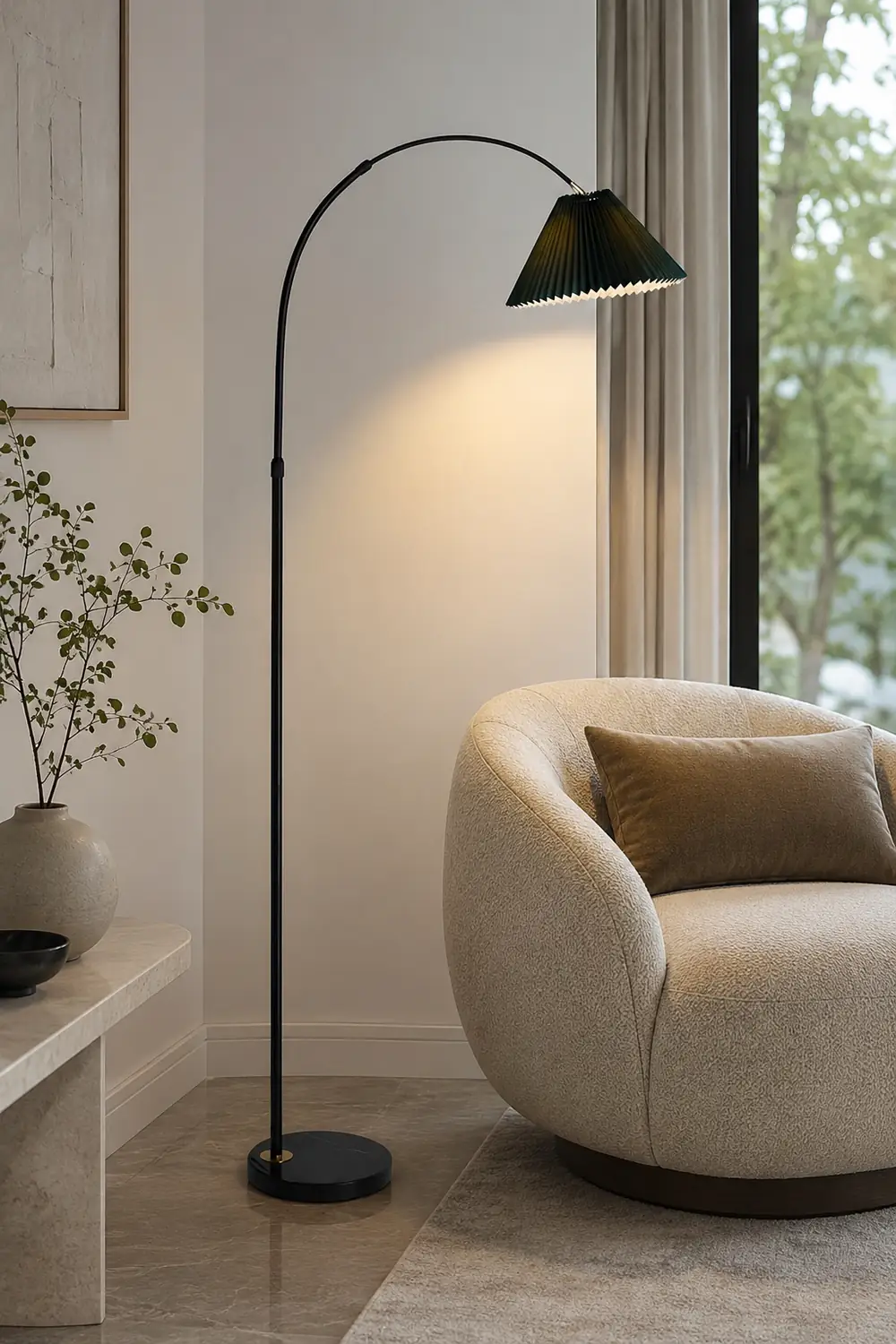 Eryn Floor Lamp Pleated Arc Nordic/Modern, Metal/Fabric, Multi-color, Study - Lumpaz
