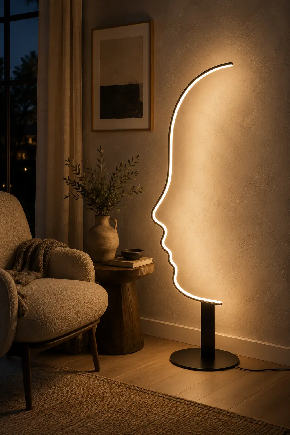 Edge Human Face Profile Modern Arc Floor Lamp, Black, Metal/Silicon - Lumpaz